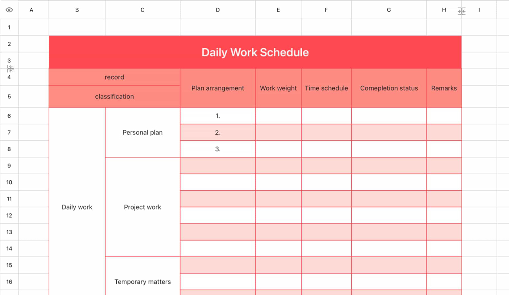 Daily work schedule